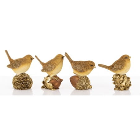 Figurki 4 ptaszków siedzących na szyszce, kasztanie, orzechu i żołędziu 7,5x6,5x4 cm