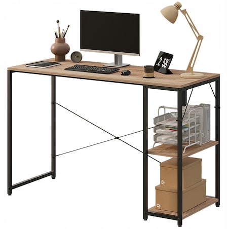 Biurko komputerowe stolik loft jasny brąz nowoczesne z półkami industrialne