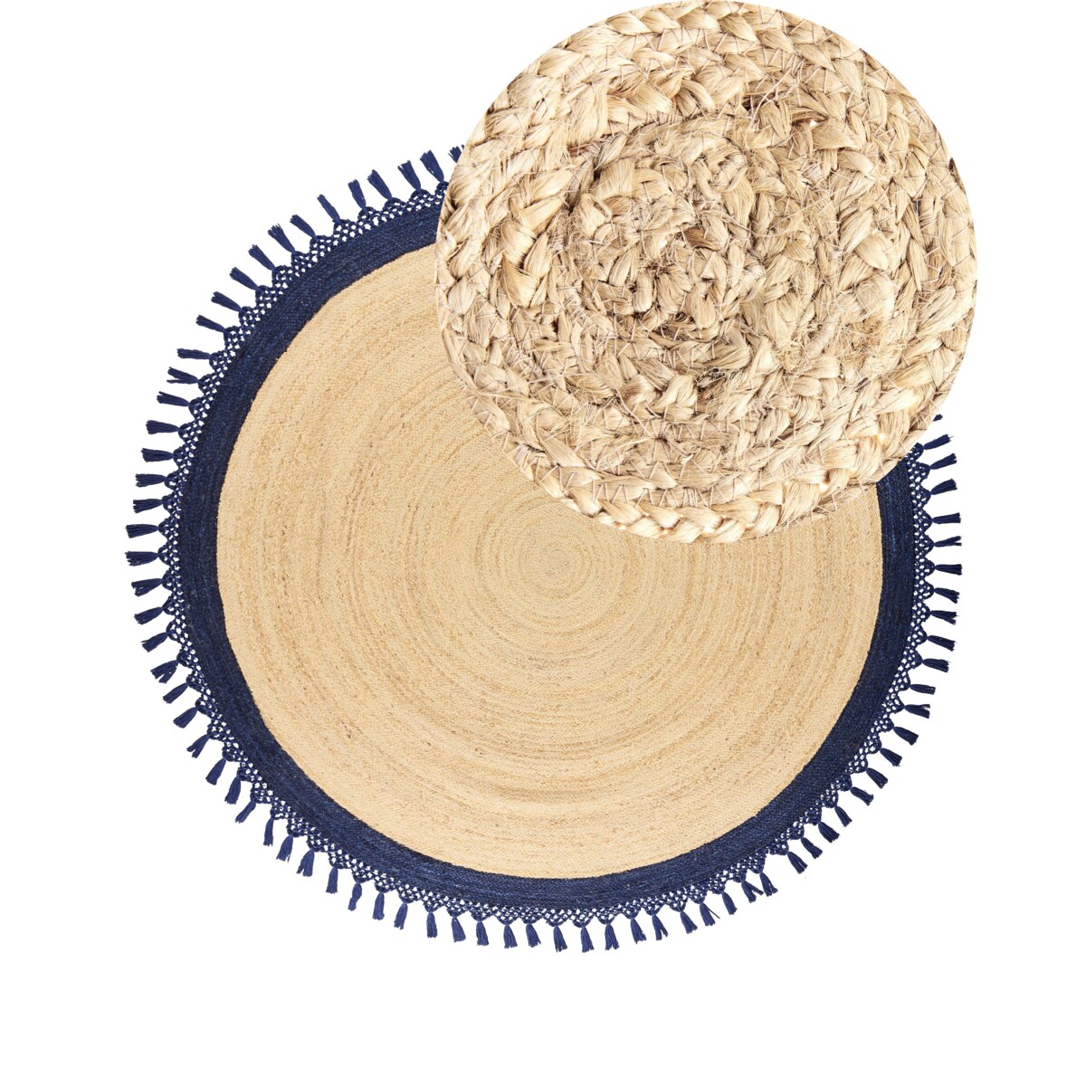 Dywan okrągły z juty 200 cm beżowy z ciemnoniebieskim MARTS