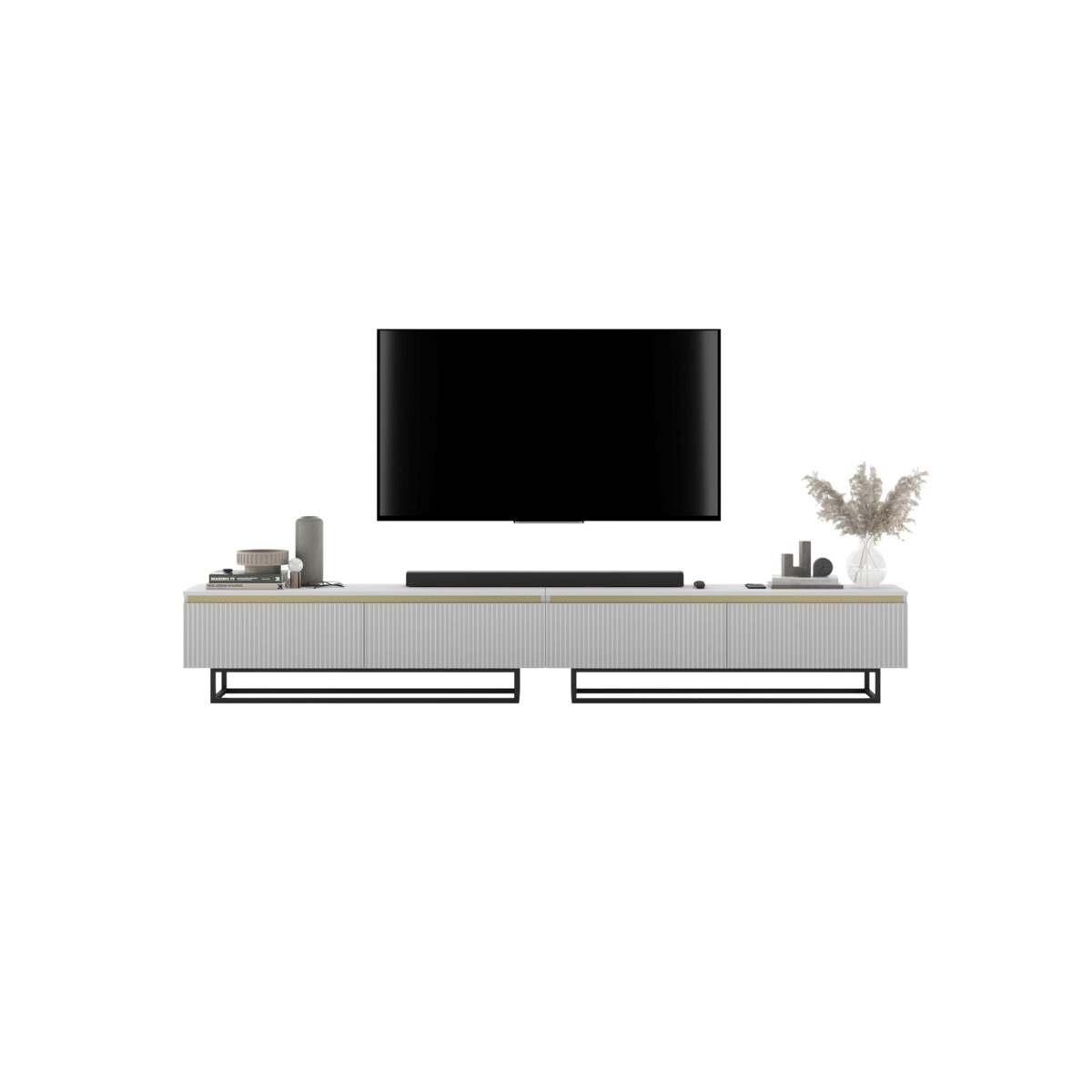 Nowoczesna Szafka RTV Glamour Komoda RTV Biały Mat 280 cm czarny stelaż