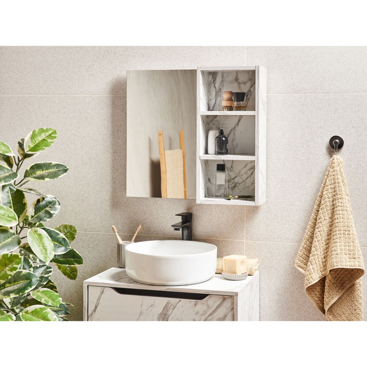 Szafka łazienkowa wisząca z lustrem JOINVILLE 60 cm 54 cm Biały marmur