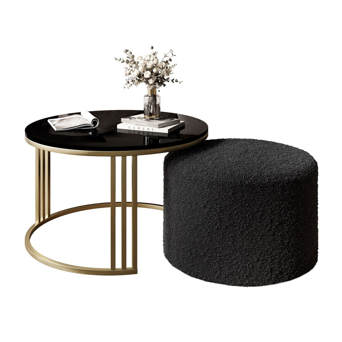 Stolik kawowy z pufą LORI POŁYSK złoto szczotkowane, czarny / Coral 60