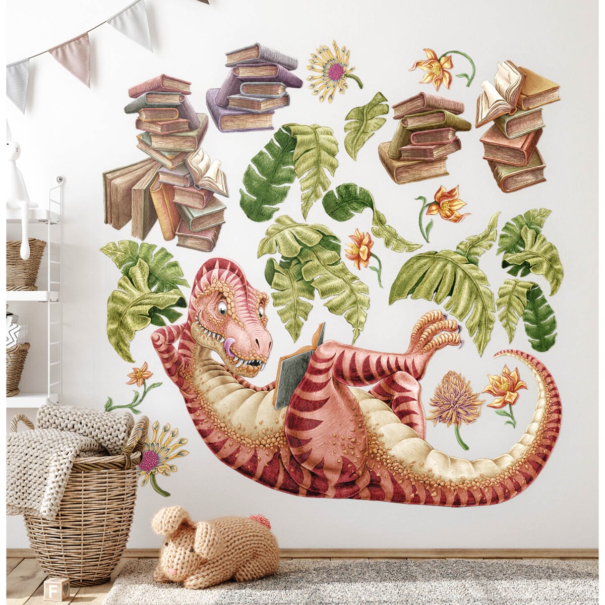 Zestaw naklejek na ścianę, Pastelowy dinozaur czytelnik, 80cm