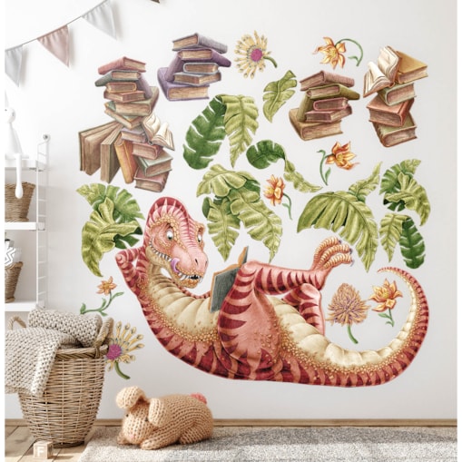 Zestaw naklejek na ścianę, Pastelowy dinozaur czytelnik, 80cm