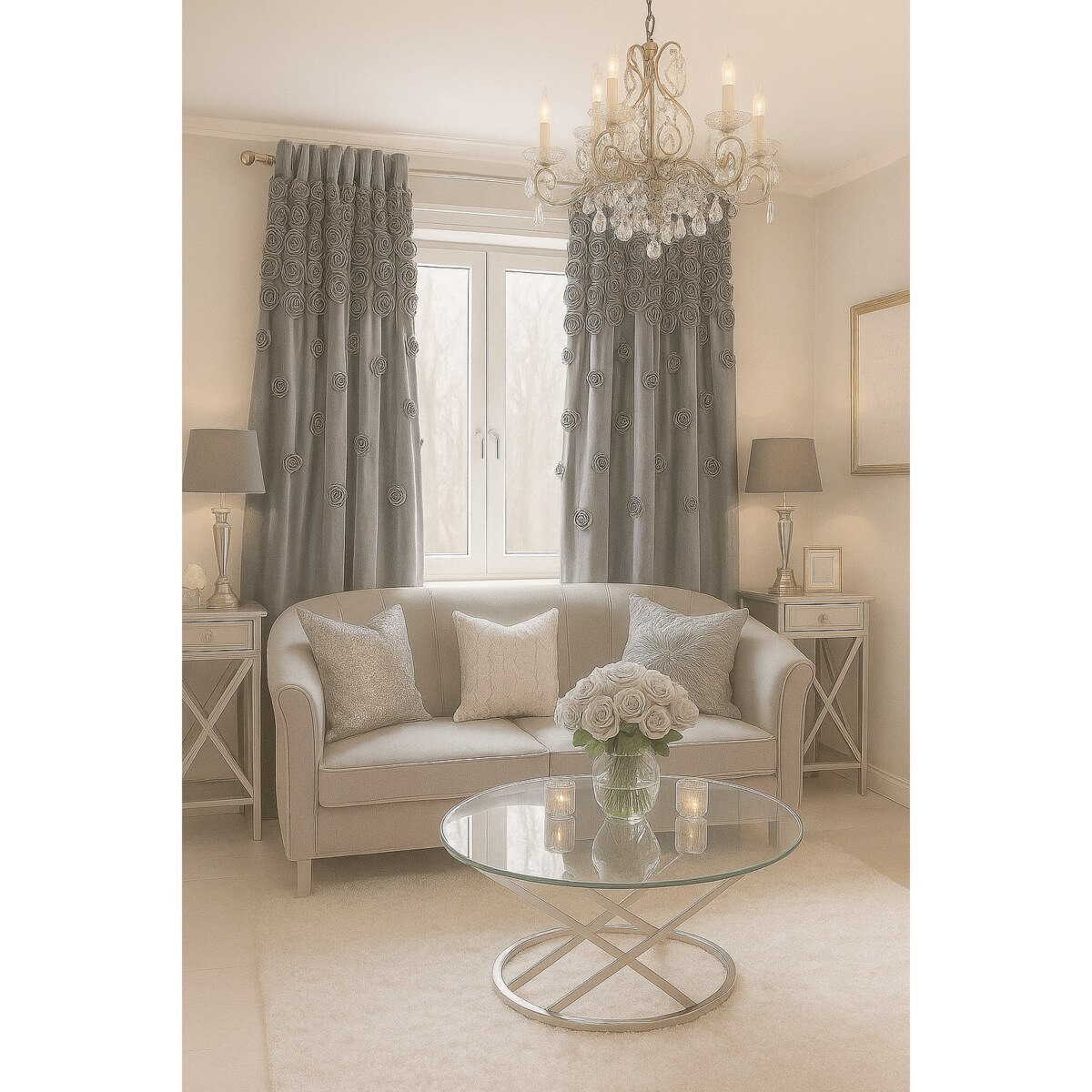 Zasłona welurowa "french roses" z wyszywanymi różami 140x270 cm taśma | szary