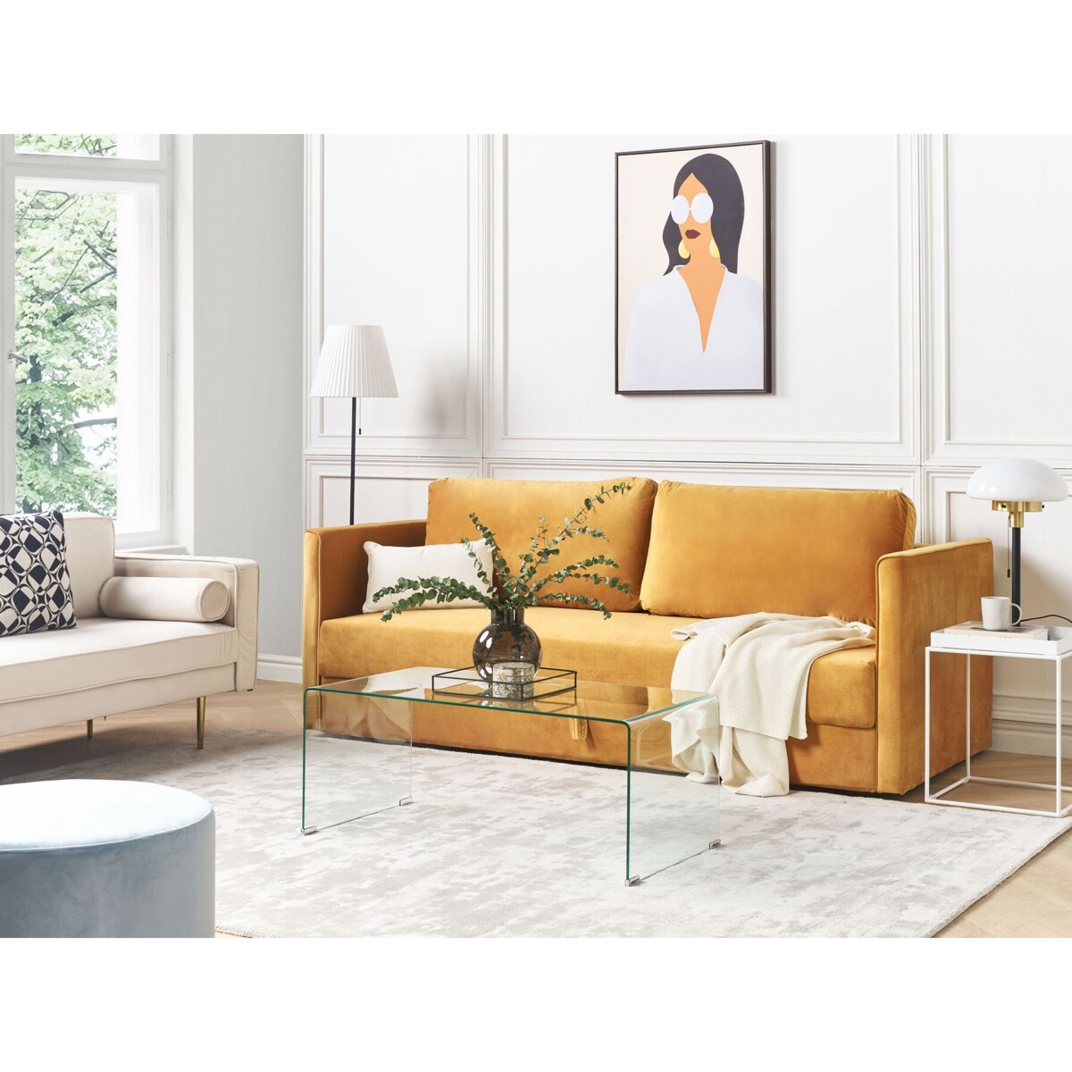 Sofa rozkładana welurowa żółta EKSJO