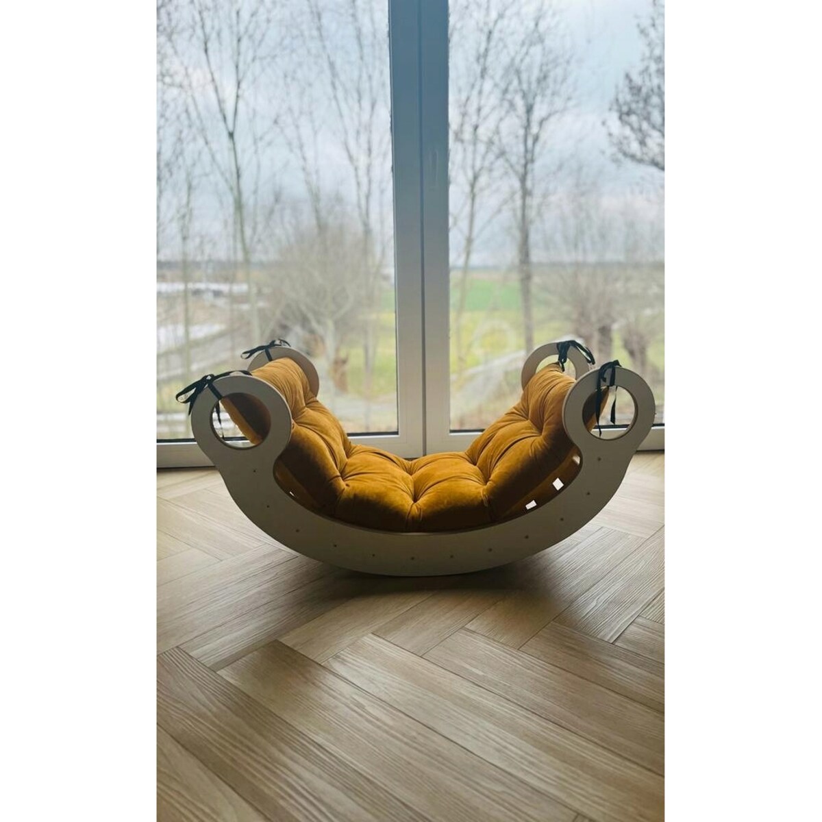 Bujak Montessori drewniany ZESTAW Poduszka Karmel Ścianka Krzesło Blat CE