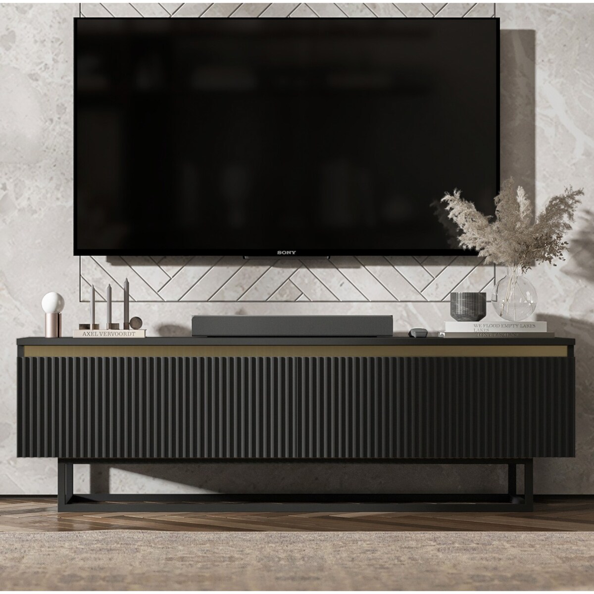 Nowoczesna Szafka RTV Glamour Komoda RTV Czarny Mat 140 cm czarny stelaż