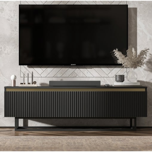 Nowoczesna Szafka RTV Glamour Komoda RTV Czarny Mat 140 cm czarny stelaż