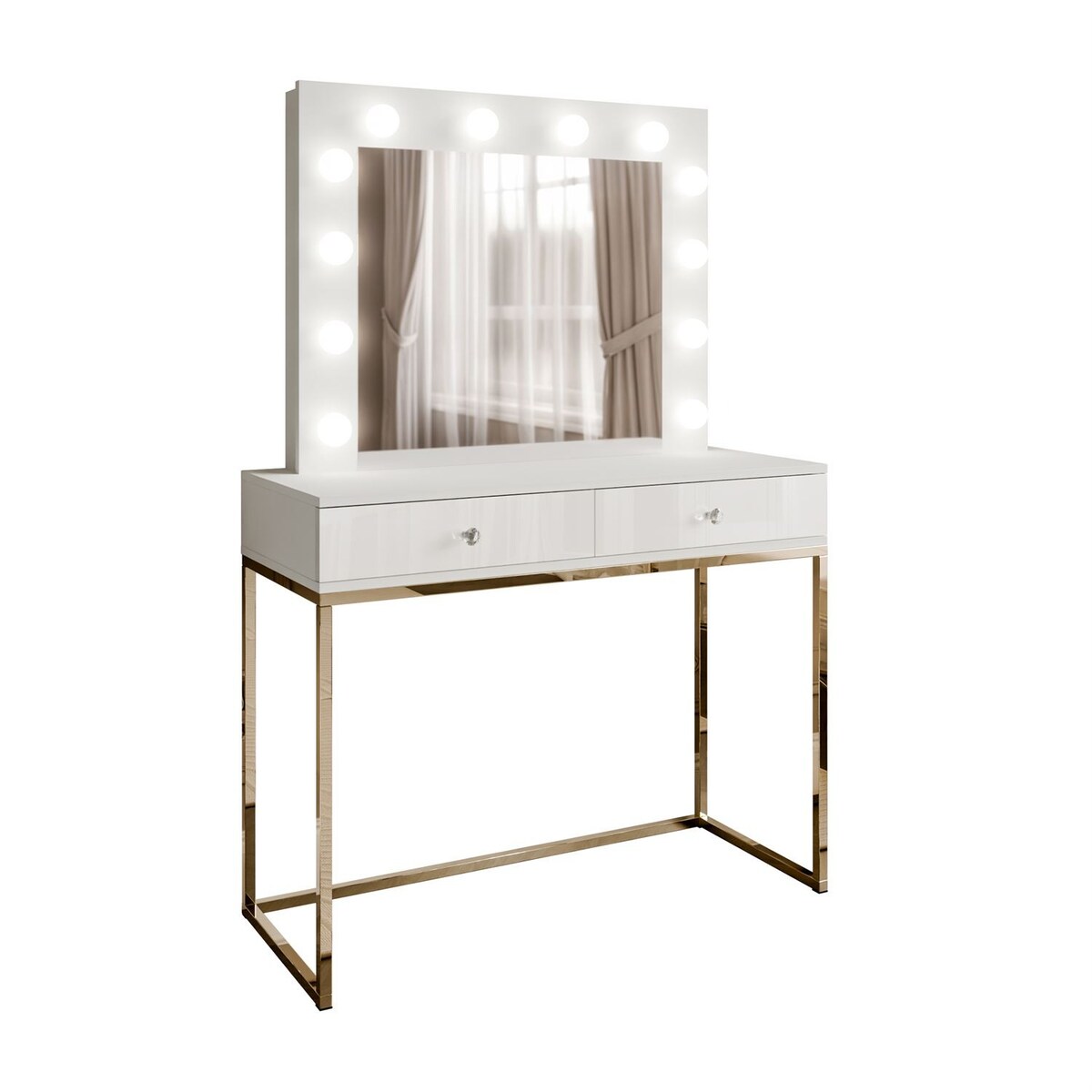 Toaletka BLANCO z lustrem LED 100 x 42 x 81 cm, biały wysoki połysk, złota rama