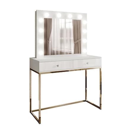 Toaletka BLANCO z lustrem LED 100 x 42 x 81 cm, biały wysoki połysk, złota rama