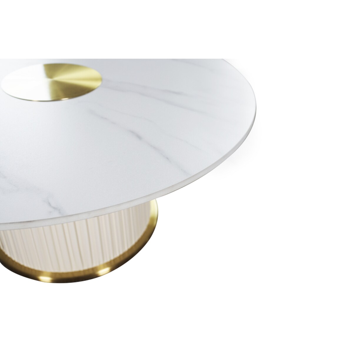 Nowoczesny złoty stolik kawowy okrągły plisowany Premium Blanka z kamiennym blatem o wzorze marmuru 80x80x37