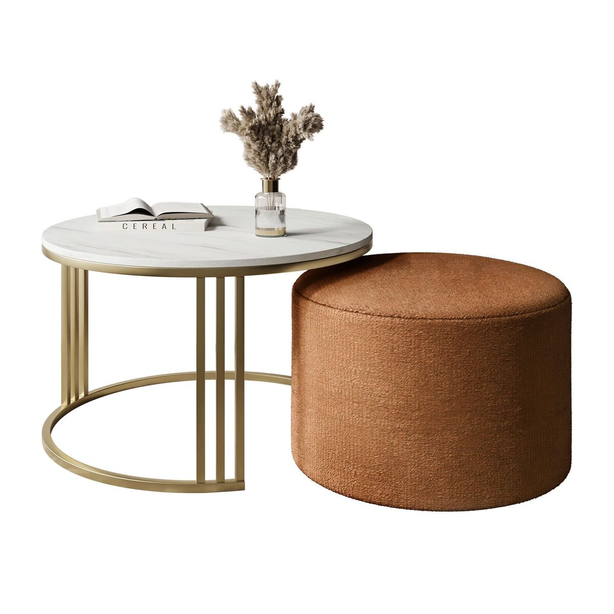Stolik kawowy z pufą LORI MAT złoto szczotkowane, Marmur Levanto / Perfect Harmony 52
