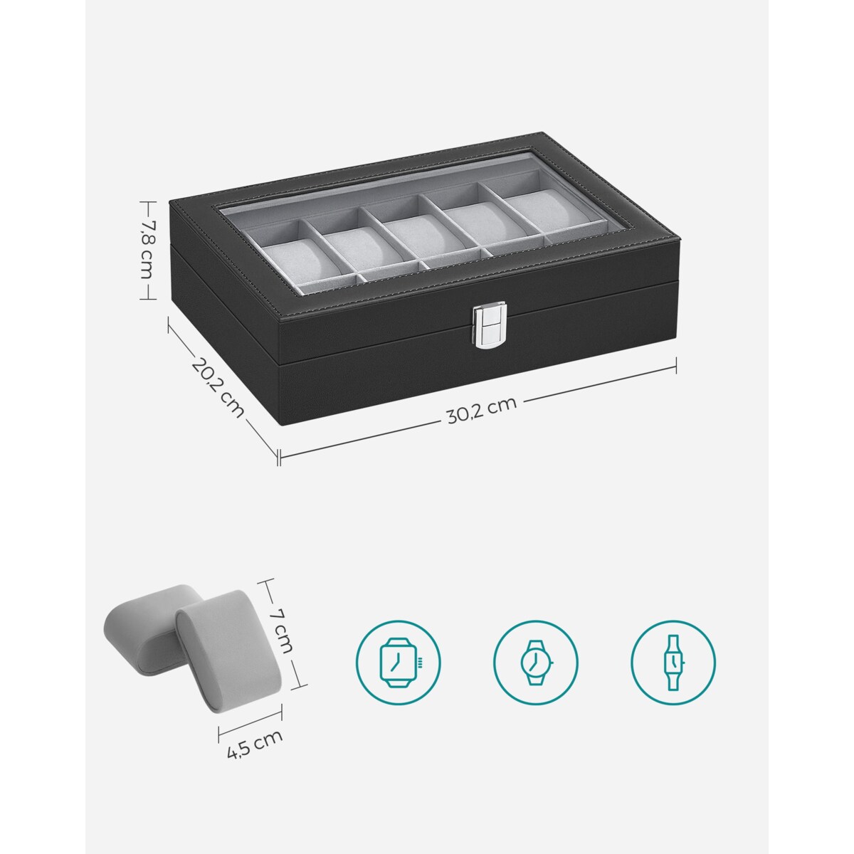 Kasetka Na Zegarki 12 30,2X20,2X7,8 Cm Czarny, Szary