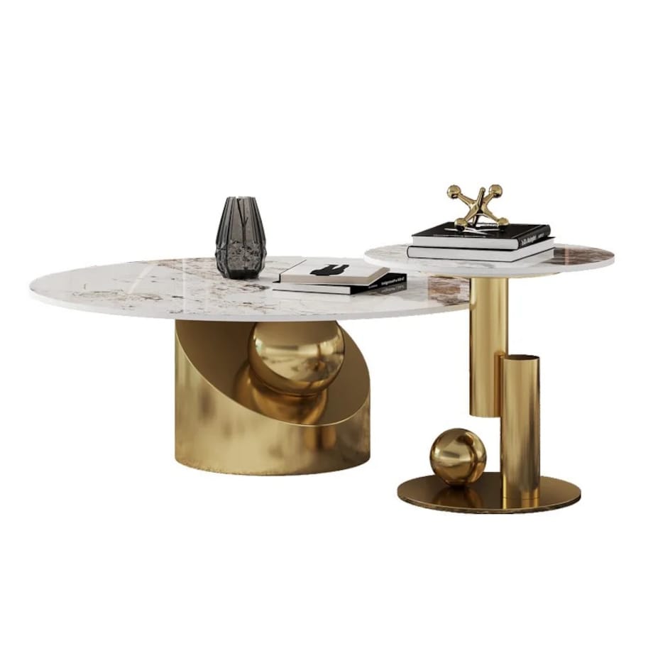 Nowoczesny złoty stolik kawowy okrągły / Zestaw złotych stolików kawowych 2 in 1 / komplet Premium Milen z kamiennym blatem marmurkowym