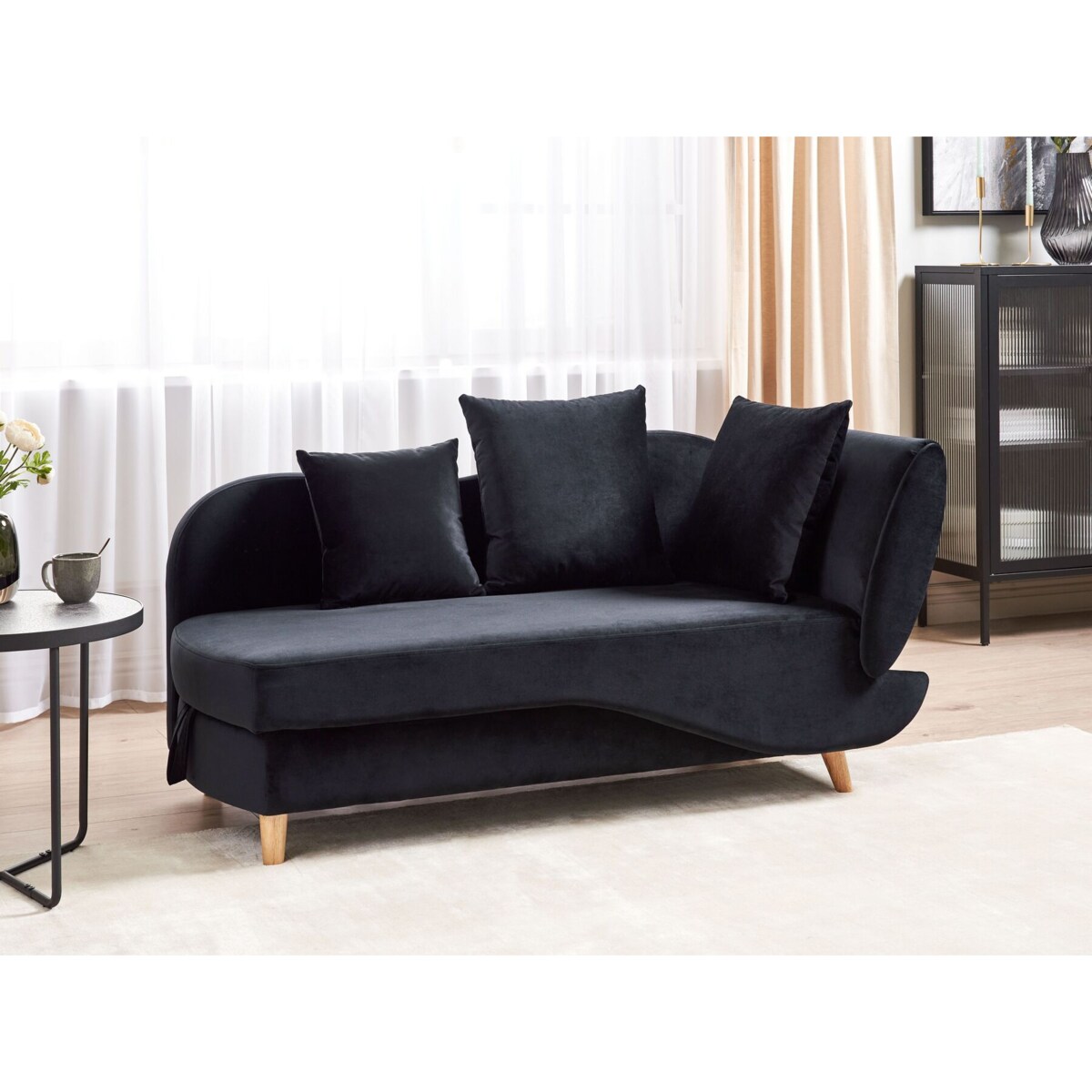 Szezlong welurowy z pojemnikiem prawostronny czarny MERI II