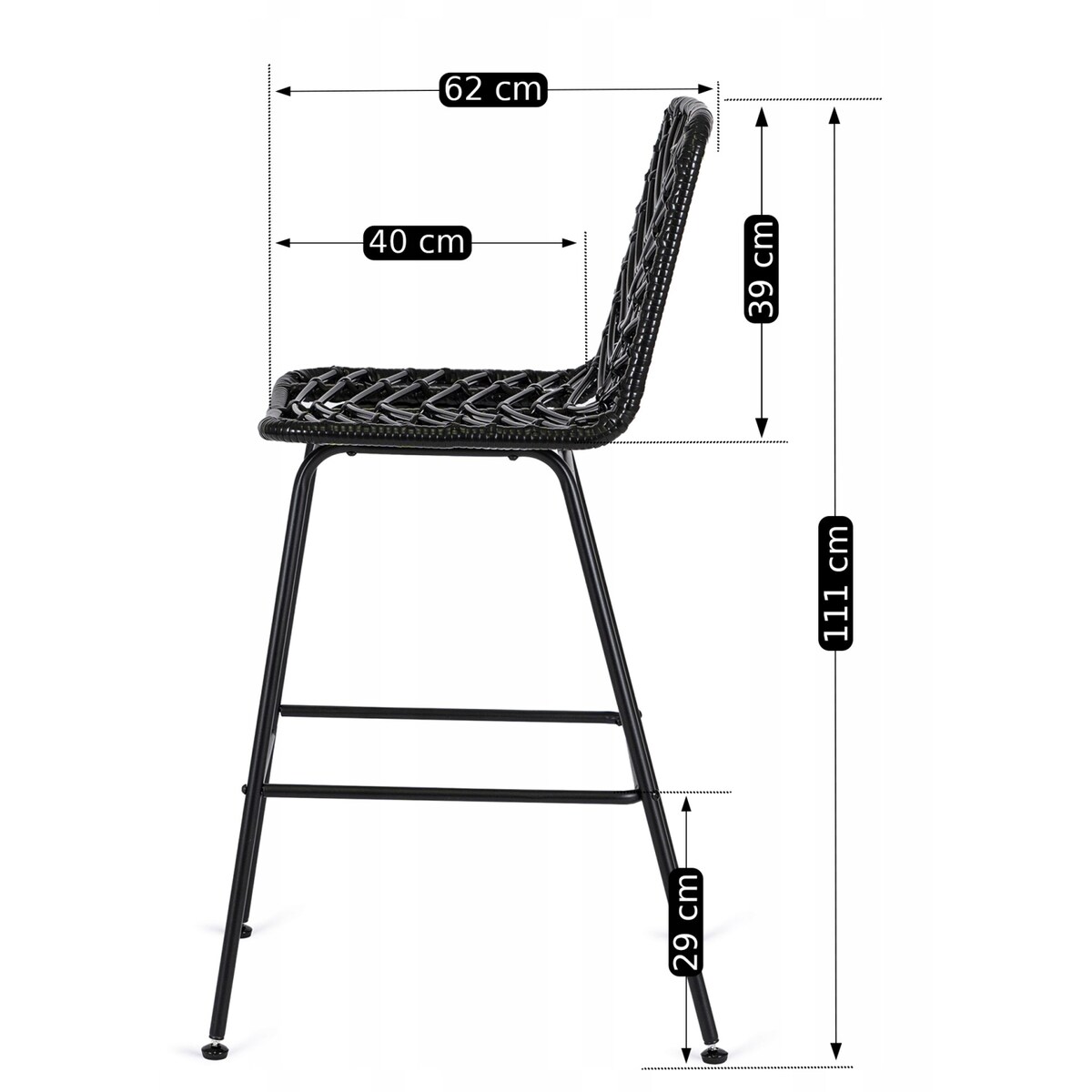 Hoker Krzesło Barowe Kuchenne Do Jadalni Ogrodowe Taras Rattan Czarne Jerry