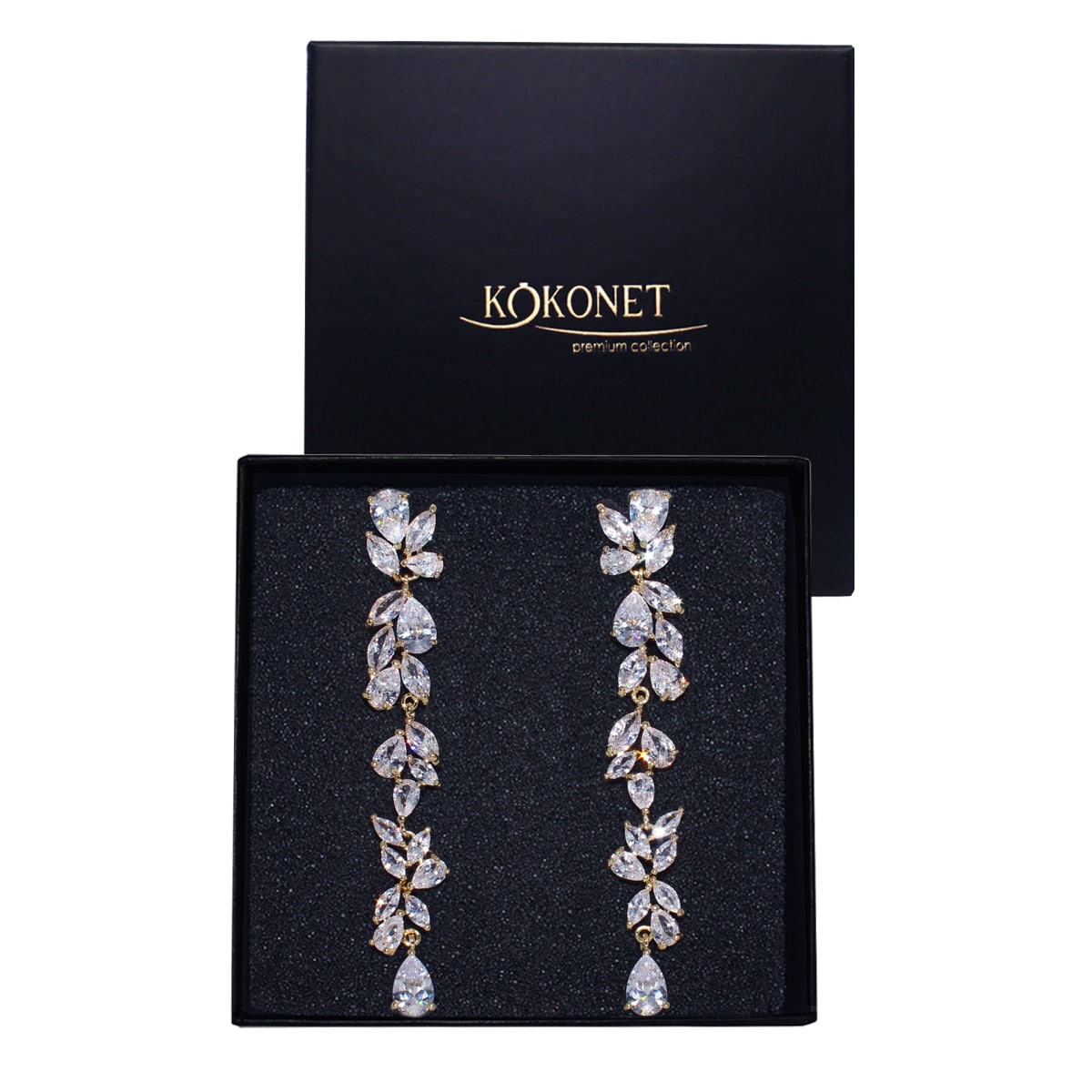 Kolczyki złote długie z listkami cyrkoniami ŚLUBNE eleganckie