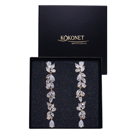 Kolczyki złote długie z listkami cyrkoniami ŚLUBNE eleganckie