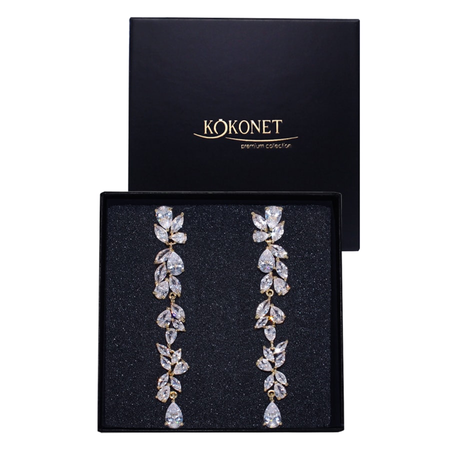 Kolczyki złote długie z listkami cyrkoniami ŚLUBNE eleganckie