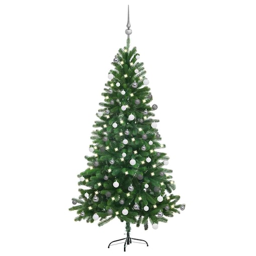 vidaXL Sztuczna choinka z lampkami i bombkami, 150 cm, zielona