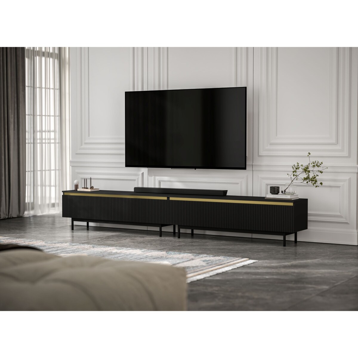 Nowoczesna Szafka RTV Glamour Komoda RTV Czarny Mat 280 cm czarne akcenty