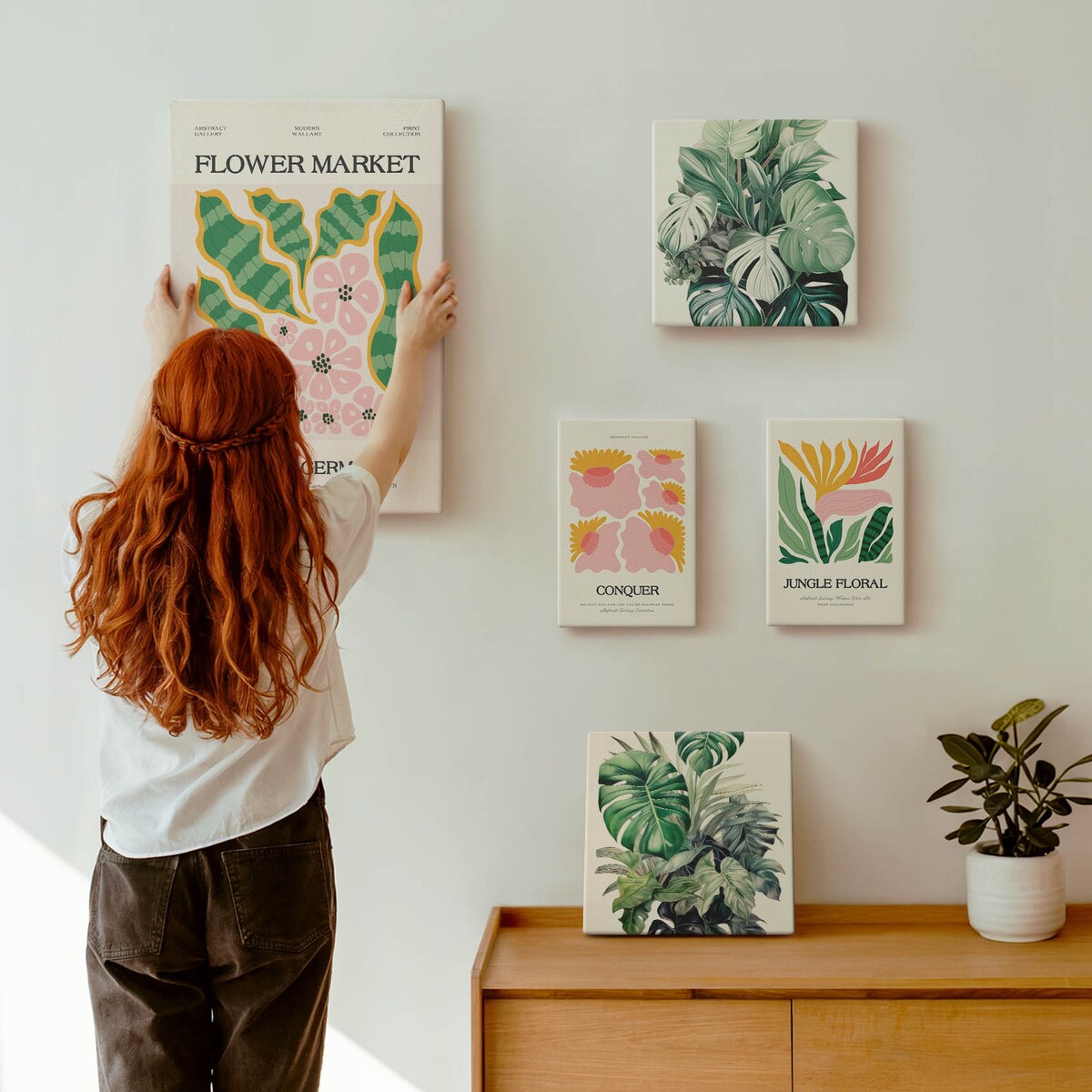 Zestaw 5 obrazów na płótnie - Roślinne motywy boho kwiaty - zielony