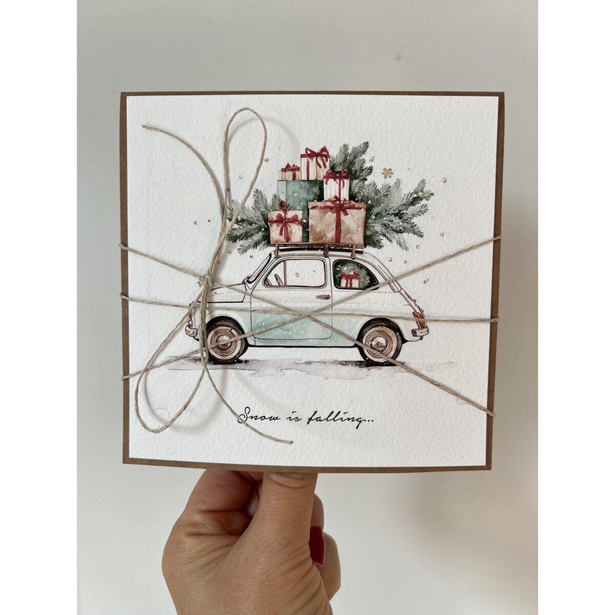 Kartka świąteczna ręcznie robiona na Boże Narodzenie - Mikołaj - na życzenia świąteczne od serca - snow is falling