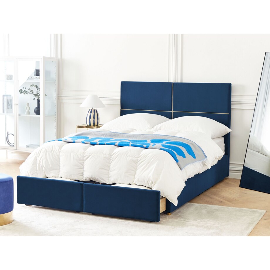 Łóżko welurowe z pojemnikiem 140 x 200 cm niebieskie VERNOYES