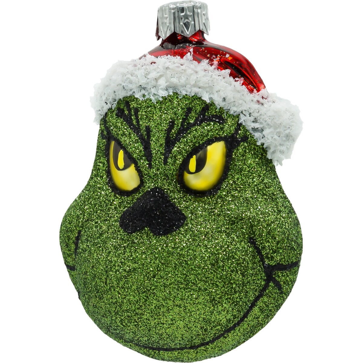 Bombka choinkowa: Zielony stwór Grinch w czapce Mikołaja: brokatowy