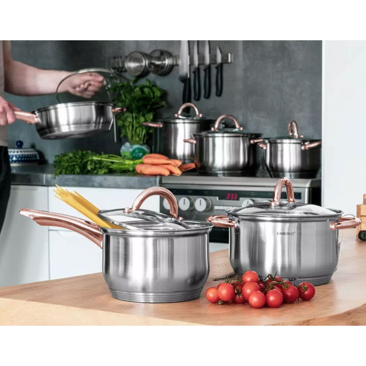 Zestaw garnków stalowych 6 ele. garnki na indukcję komplet Rosegold KINGHOFF