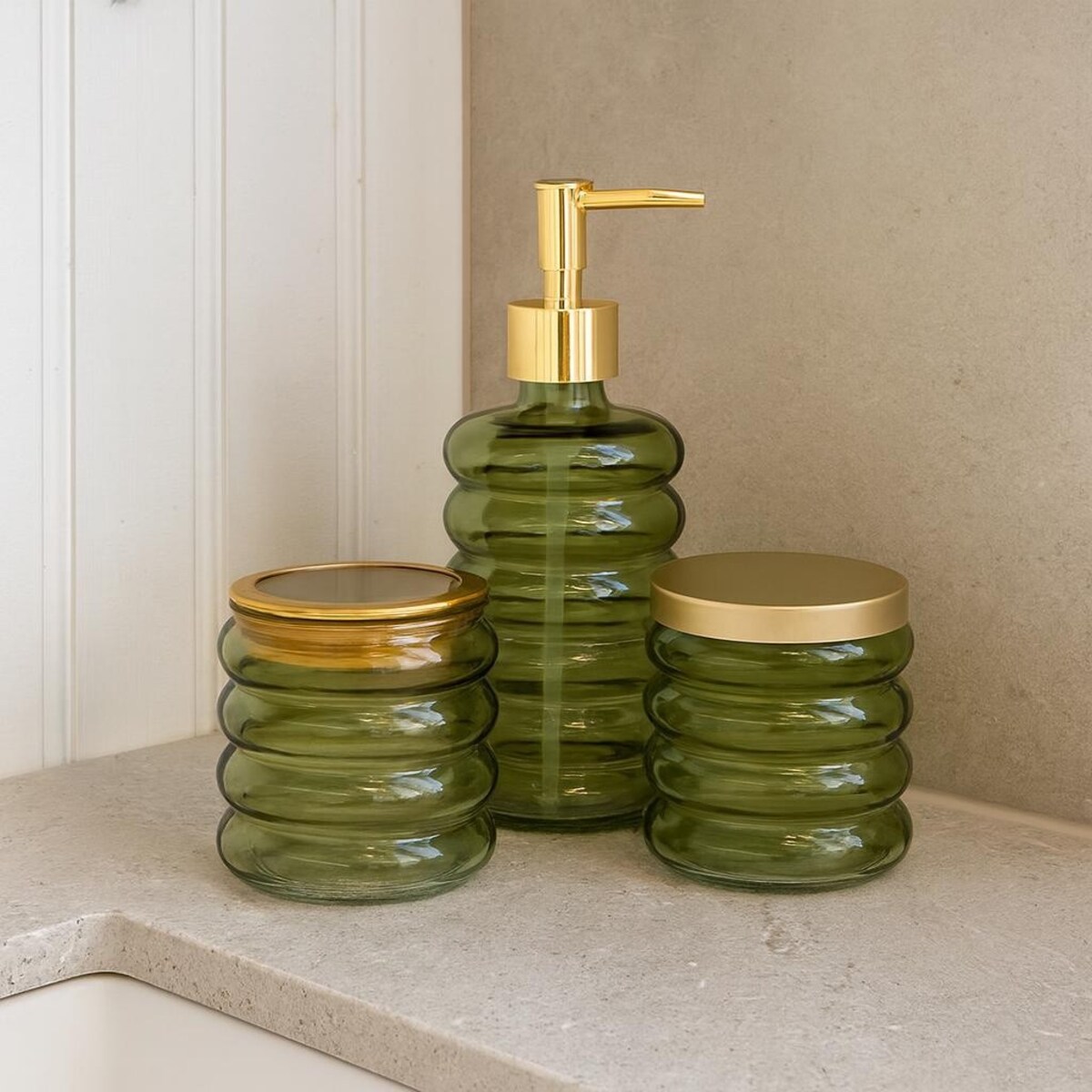 Zestaw łazienkowy szklany - dozownik, kubek i pojemnik 19x8,5 cm IMPOSTATO zielony