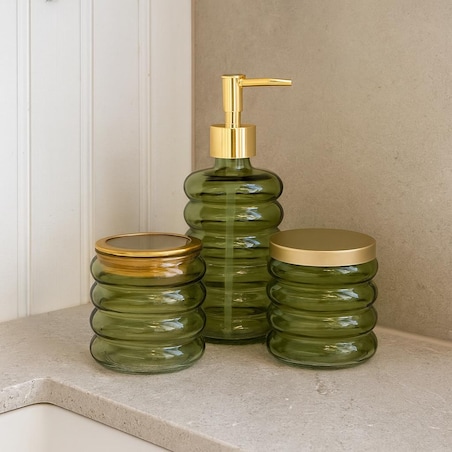Zestaw łazienkowy szklany - dozownik, kubek i pojemnik 19x8,5 cm IMPOSTATO zielony