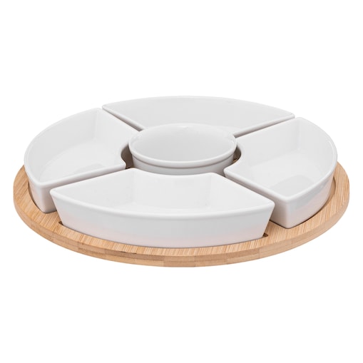 Zestaw do przekąsek: 6 porcelanowych miseczek + bambusowa taca, Secret de Gourmet