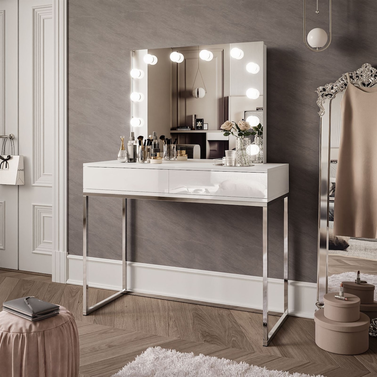 Toaletka BLANCO GLAMOUR ELITE 100x42x81 cm, biały wysoki połysk, lustro z 12 LED, push open