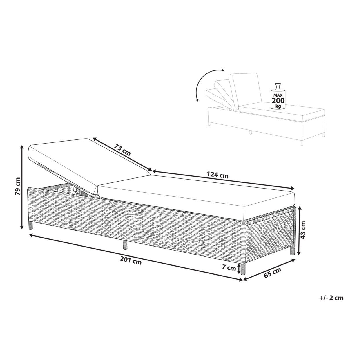 Leżak ogrodowy z poduszką TURIN Rozkładany Technorattan Szary