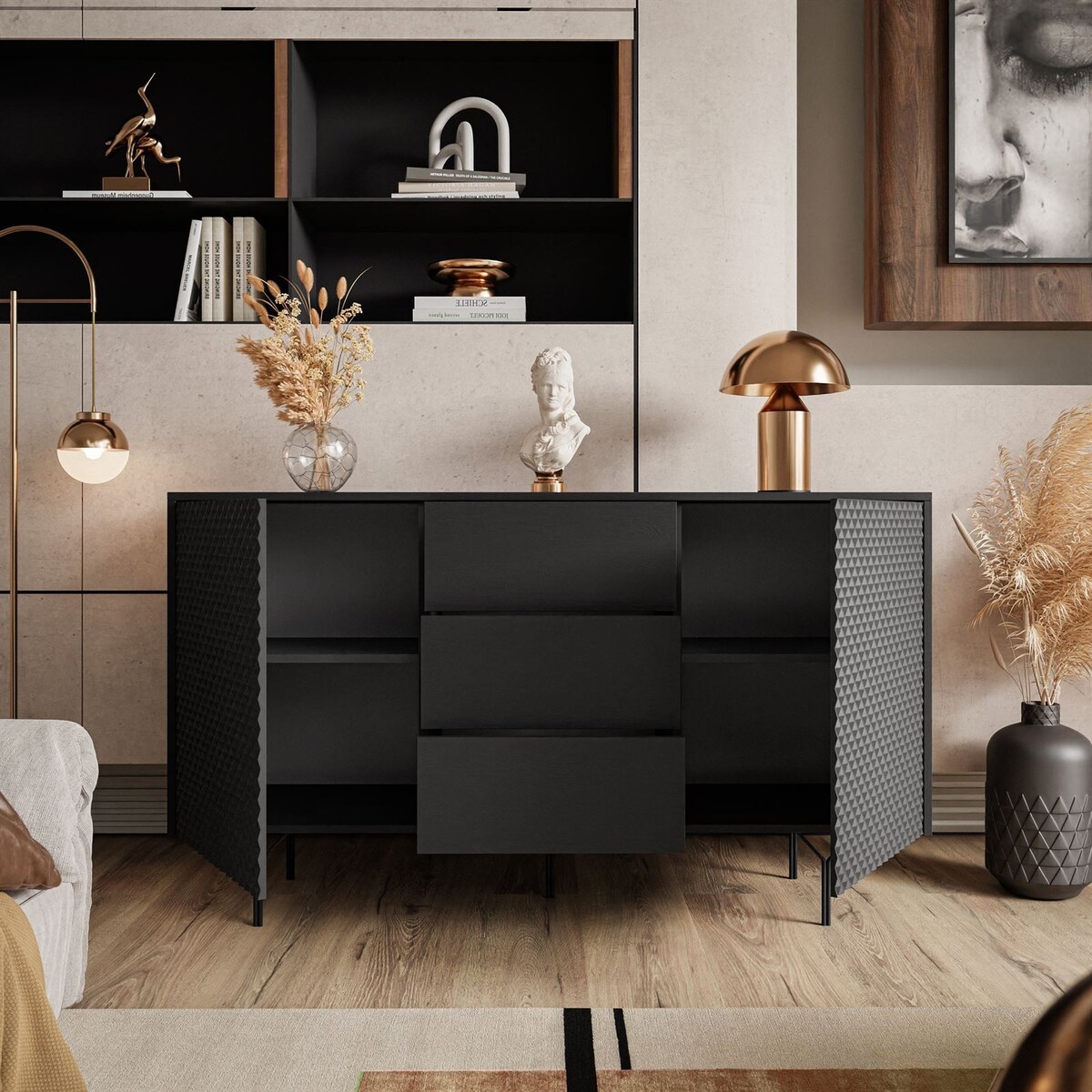 Komoda dwudrzwiowa RICHMOND 2D KSZ144 z szufladami, czarna