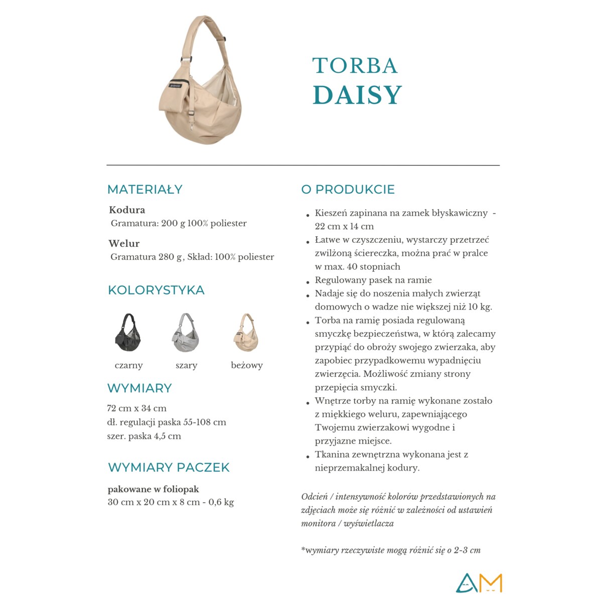 Animood Torba/transporter Daisy rozmiar: uniwersalny, kolor: szary , materiał:kodura/welur