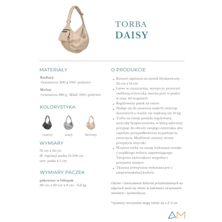 Animood Torba/transporter Daisy rozmiar: uniwersalny, kolor: szary , materiał:kodura/welur