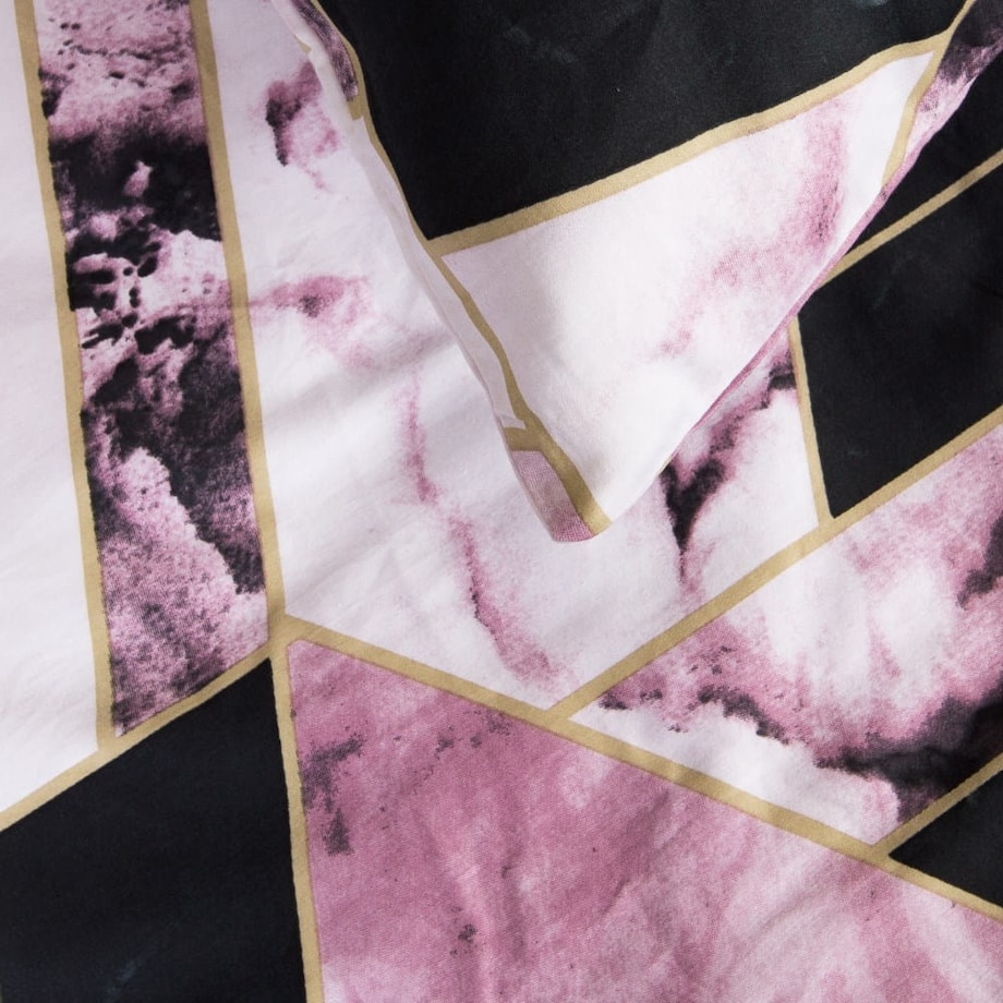 Pościel satyna bawełniana 140x200 Satynlove czarno różowy geometryczny marmur