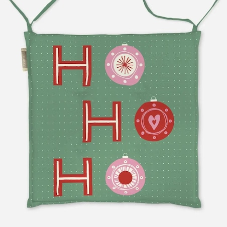 Poduszka świąteczna na krzesło - HO HO HO - bombki - zielone tło
