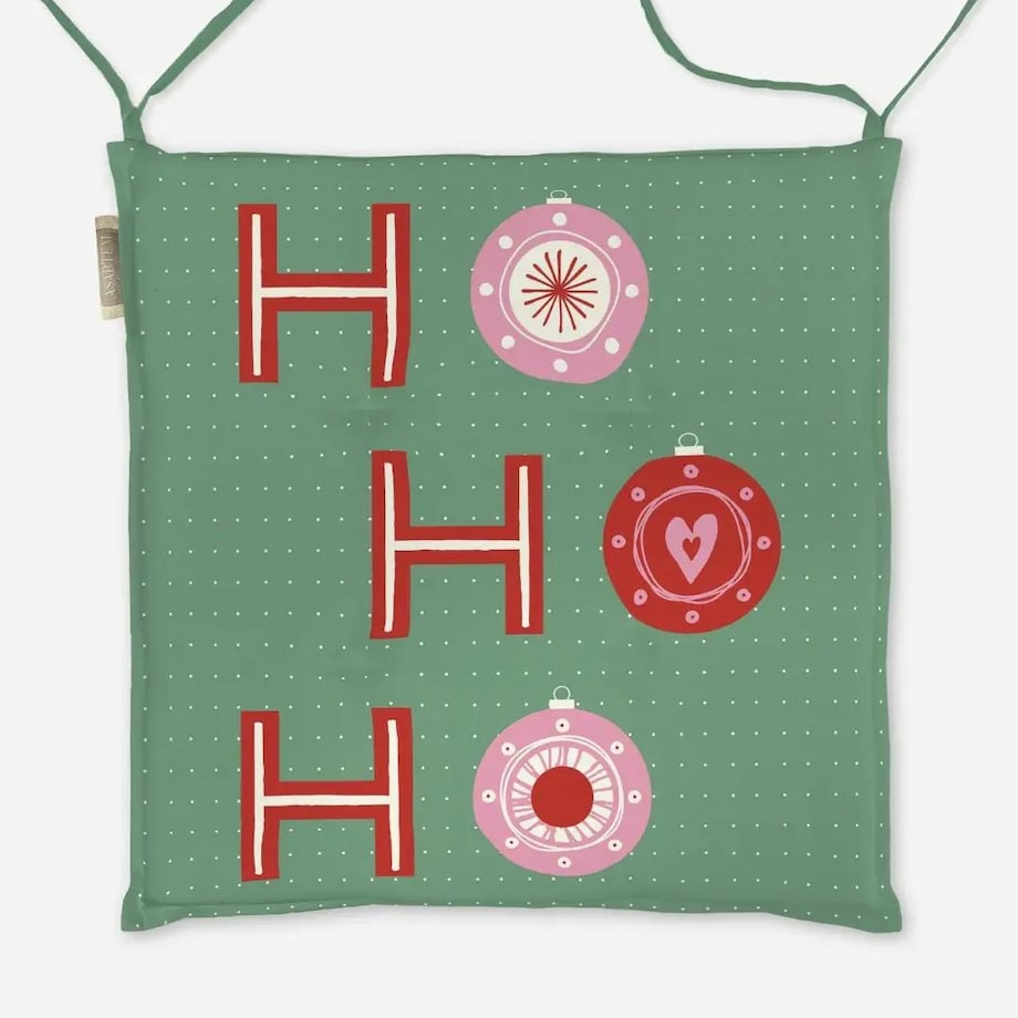Poduszka świąteczna na krzesło - HO HO HO - bombki - zielone tło