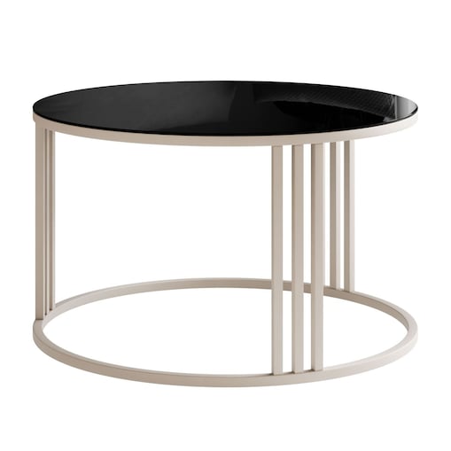 Okrągły stolik kawowy LORI GLASS na kaszmirowym stelażu, blat czarne szkło
