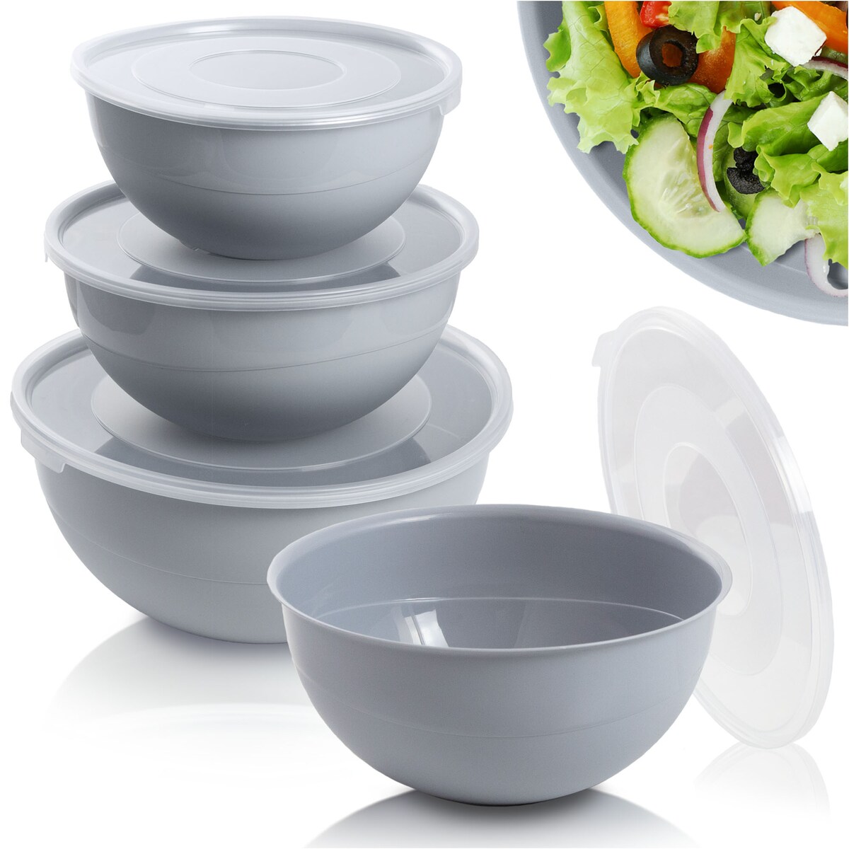 Miska Plastikowa Okrągła Kuchenna Z Pokrywką Zamykaniem Zestaw Misek 3 Szt. Misa Szara