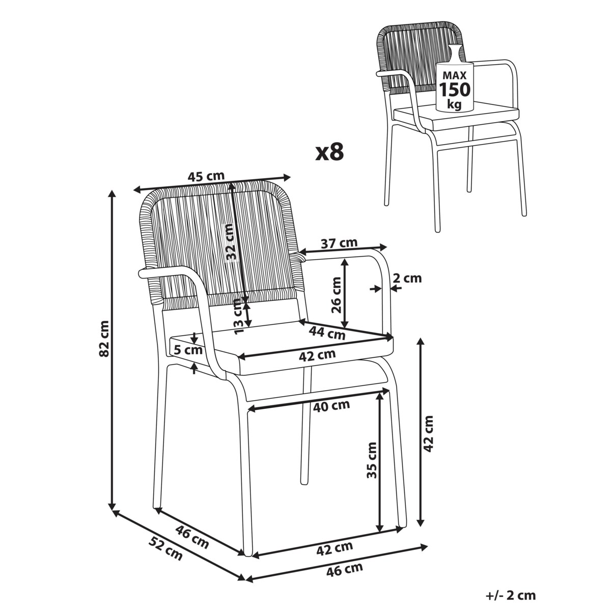 Zestaw 8 krzeseł ogrodowych z poduszkami TACENO Metal Biały