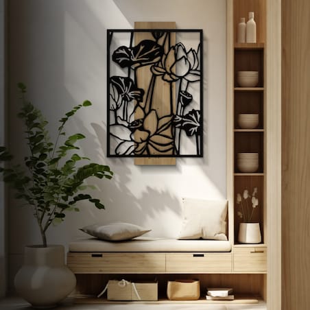 Dekoracja ścienna Lotus, kolor czarny i brązowy, żelazo i płyta MDF, 60 x 90 cm, do salonu i przedpokoju, Mauro Ferretti