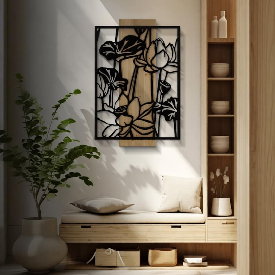 Dekoracja ścienna Lotus, kolor czarny i brązowy, żelazo i płyta MDF, 60 x 90 cm, do salonu i przedpokoju, Mauro Ferretti