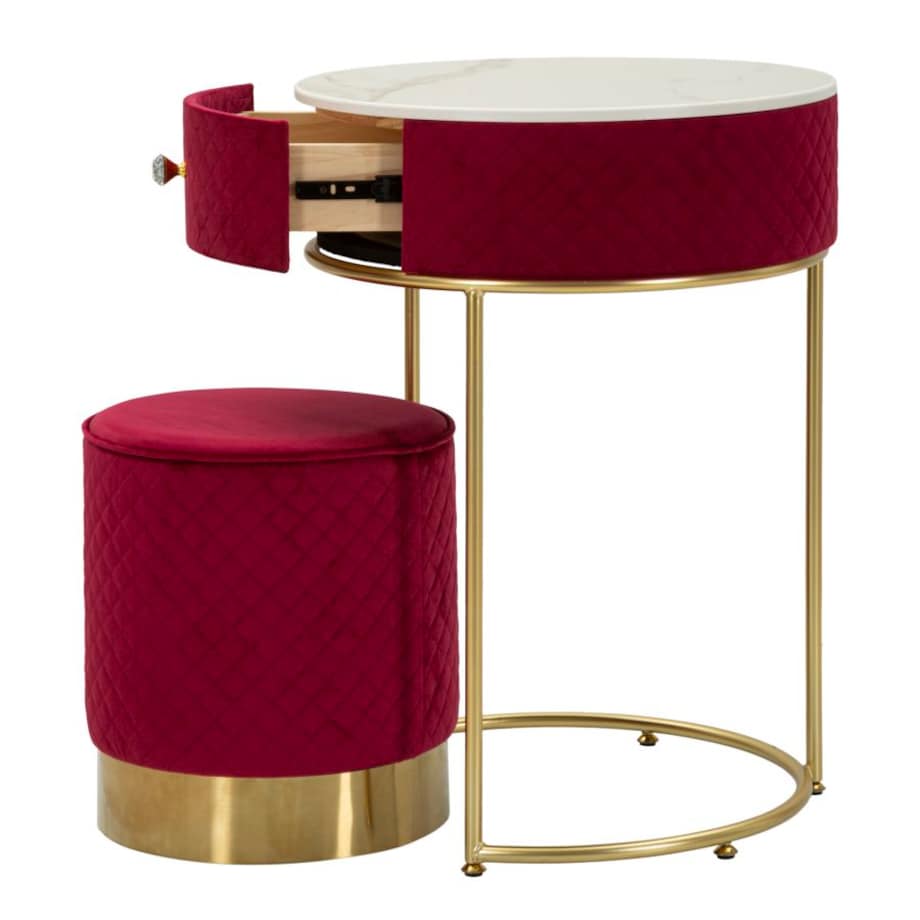Toaletka z taboretem Nightstand Dressing Vellit, zestaw 2 szt., zestaw do makijażu, czerwony, złoty, Mauro Ferretti