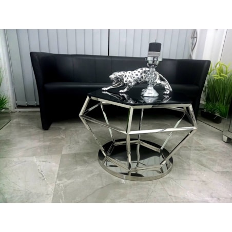 Nowoczesny srebrny stolik kawowy / ława w kształcie diamentu z szybą czarną 80x80x50