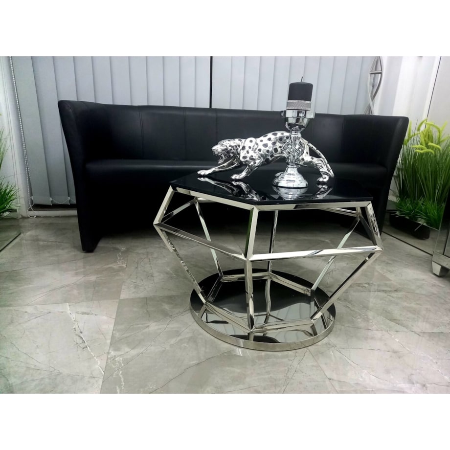 Nowoczesny srebrny stolik kawowy / ława w kształcie diamentu z szybą czarną 80x80x50